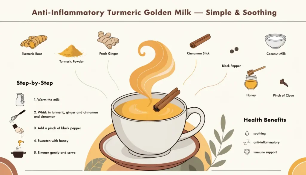 A steaming mug of golden anti inflammatory turmeric drink with a sprinkle of black pepper.