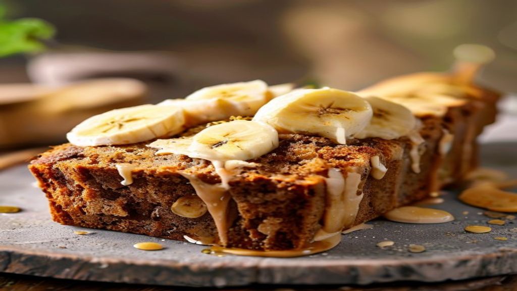 A slice of diabetic friendly banana bread made with almond flour on a rustic plate.