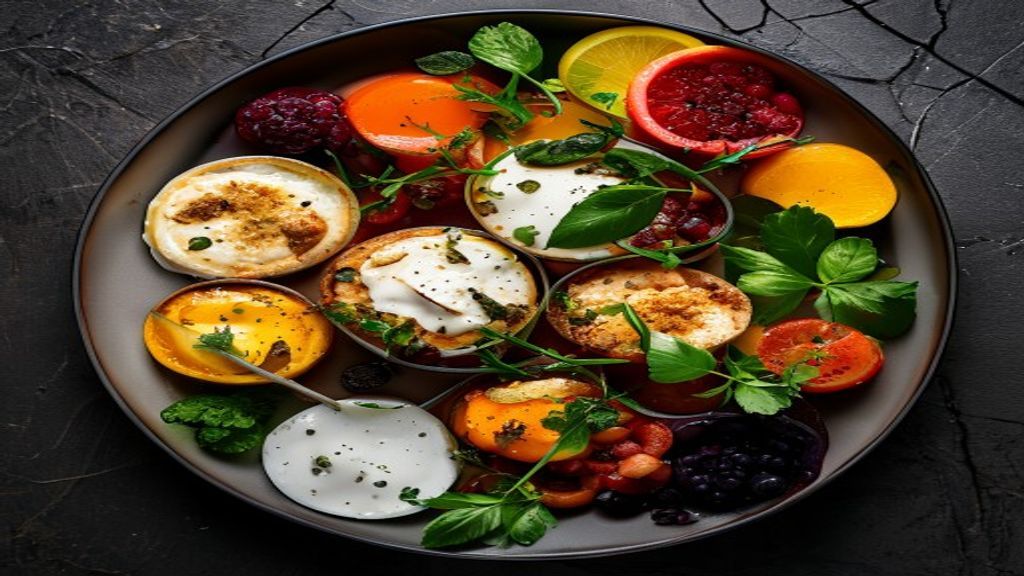 Healthy baked salmon plate Top-down view of a healthy baked salmon and roasted vegetable plate.