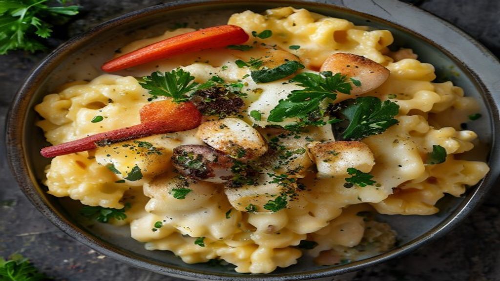 Top-down view of a bowl of macaroni coated in a smooth, vibrant orange cheese sauce.