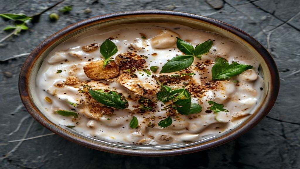 Top-down view of creamy overnight oats with almond butter and flax seeds.