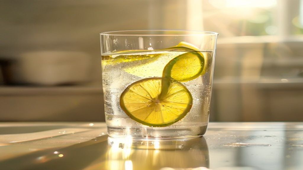 swaltrecipes 12 A glass of morning detox water recipe lemon sitting on a wooden table.