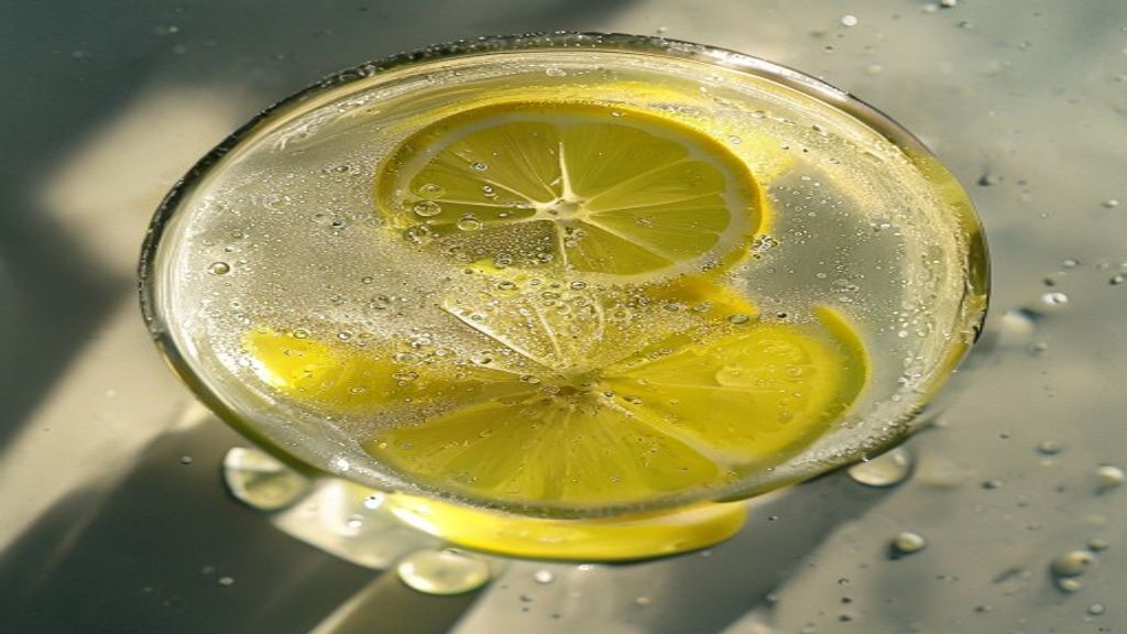 Close up of lemon slices in a glass of water for a morning detox.