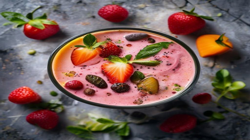 Smoothie texture detail Top-down view of a smooth, bright pink fruit smoothie in a glass.