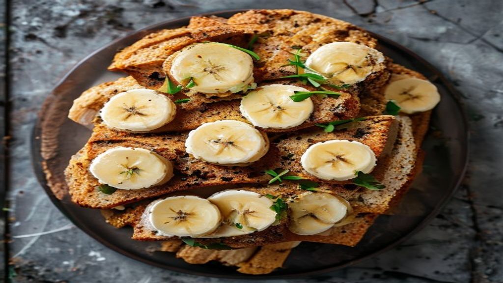 Freshly Baked Banana Bread Top-down view of a loaf of diabetic friendly banana bread with visible banana slices on top.