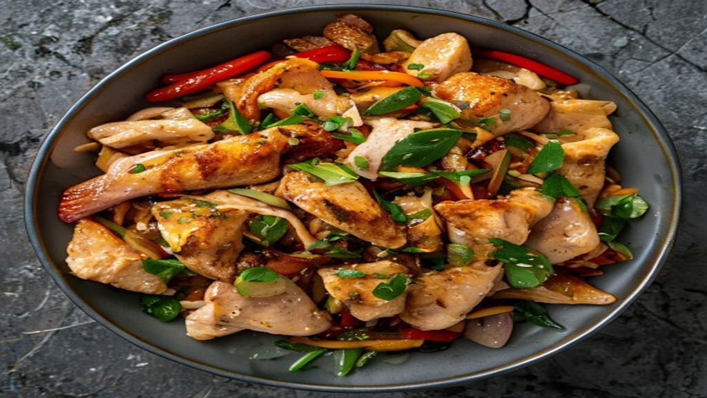 Close up of diabetic friendly chicken stir fry Close up of seared chicken and crisp vegetables in a light ginger sauce.