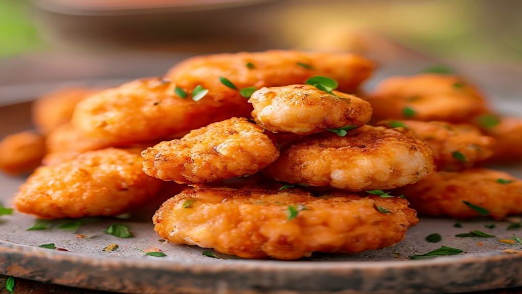 Golden Baked Chicken Nuggets A plate of golden brown kid friendly chicken nuggets recipe homemade baked with a side of dipping sauce.