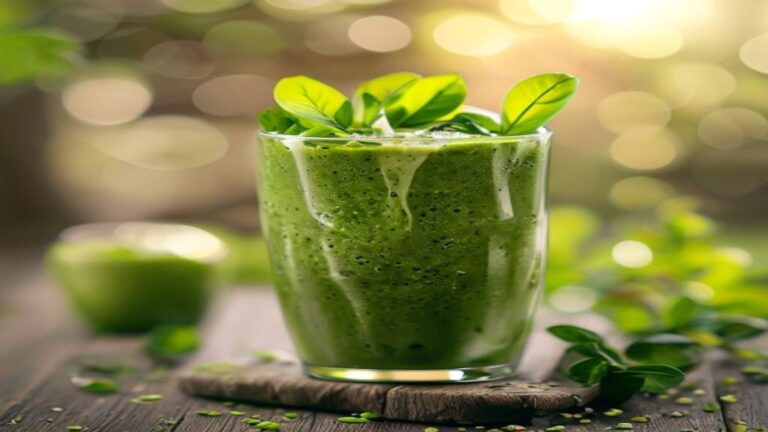 A vibrant green detox smoothie recipe served in a glass with fresh pineapple and ginger.