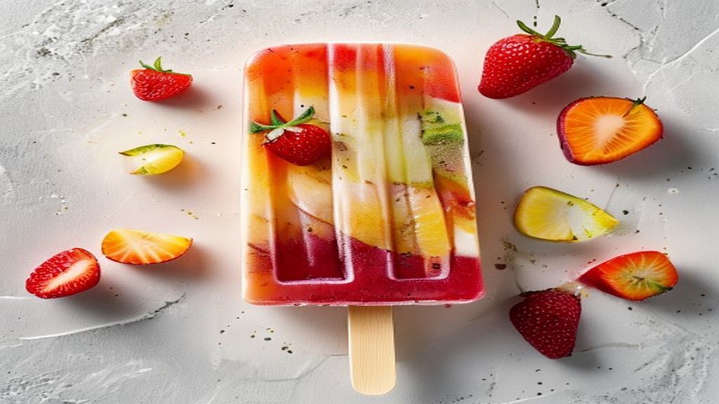 Creamy Greek Yogurt and Fruit Popsicles Close up of healthy fruit popsicles showing creamy yogurt texture.