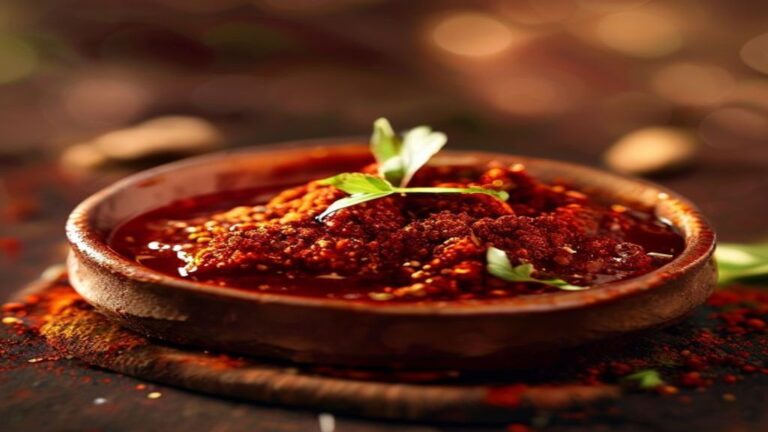 A small glass bowl filled with vibrant, freshly ground homemade chili powder.