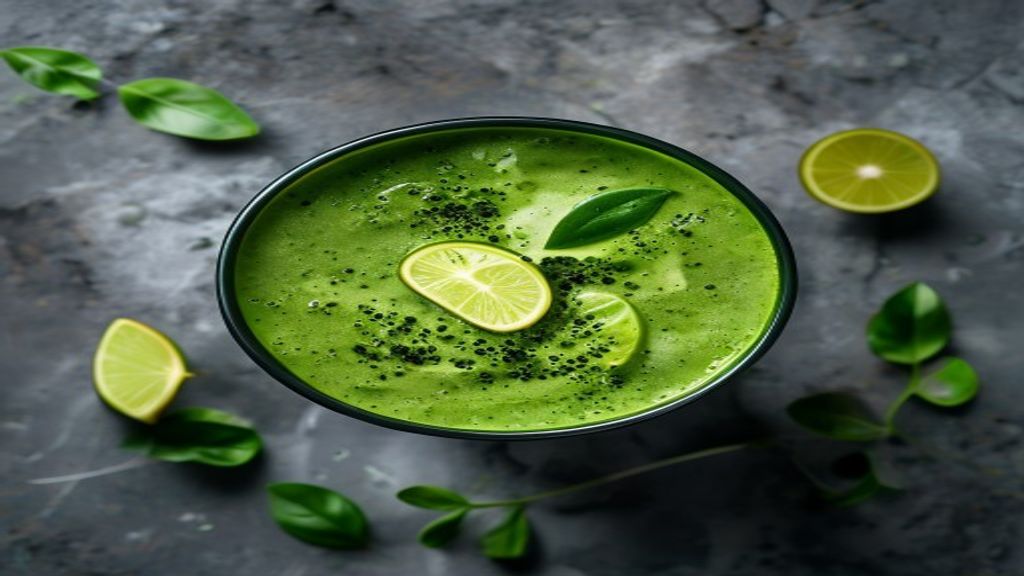 Green Detox Smoothie Texture Top down view of a green detox smoothie showing a smooth, creamy texture.