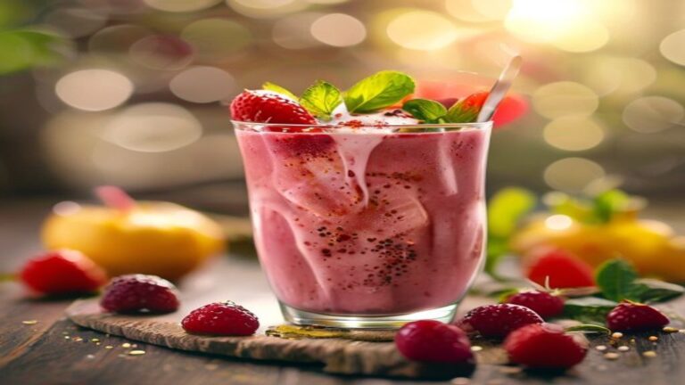 A vibrant green diabetic friendly breakfast smoothie in a glass jar.