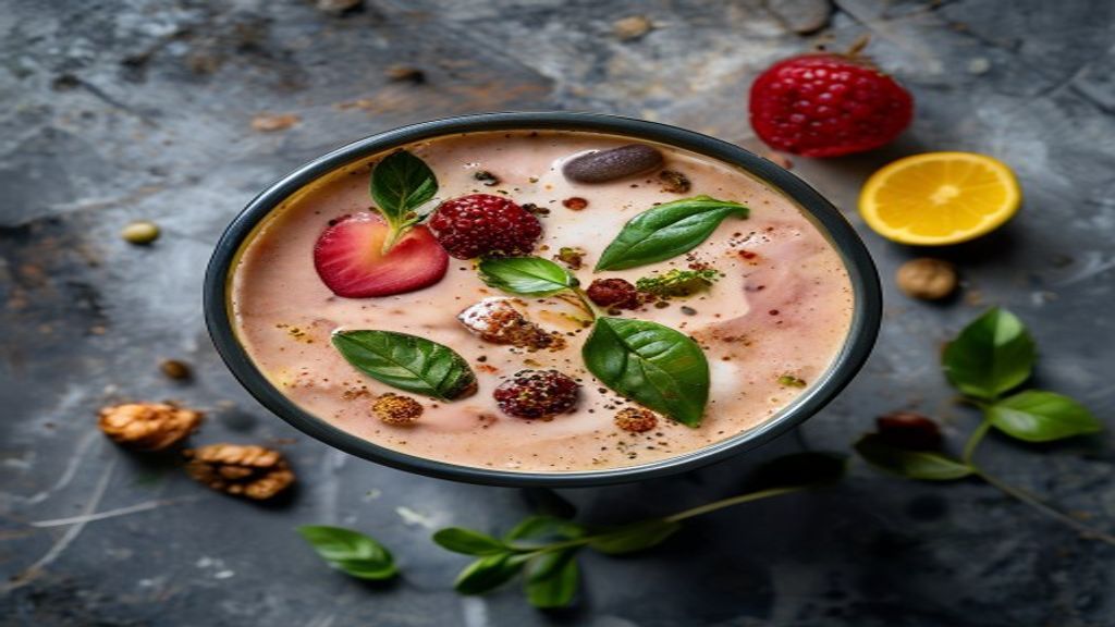 Creamy diabetic friendly breakfast smoothie Top-down view of a thick, creamy green smoothie topped with chia seeds.