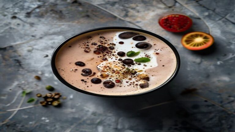 Top down view of a thick protein shake showing smooth texture.