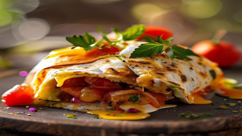 swaltrecipes 12 A warm, handheld kid friendly breakfast burrito cut in half to show the fluffy egg and ham filling.