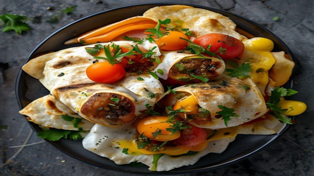 Golden Brown Breakfast Burritos Top-down view of two golden-brown breakfast burritos on a simple plate.
