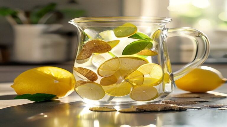 A refreshing belly fat detox drink recipe with fresh ginger and lemon slices.