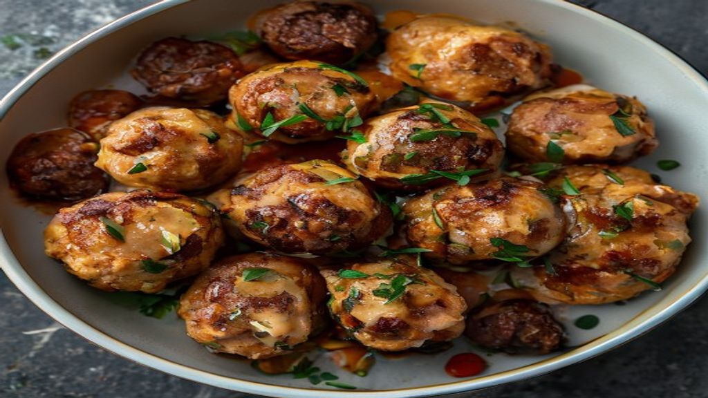 Baked meatballs for toddlers Top-down view of baked meatballs served with a simple tomato sauce.