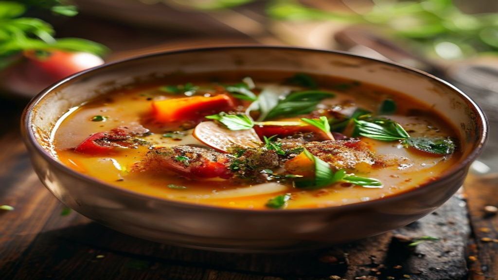 swaltrecipes 11 A steaming bowl of diabetic friendly soup recipe vegetable with bright greens and carrots.