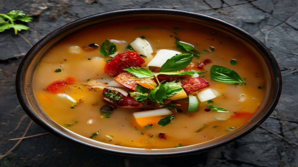 Close up of diabetic friendly soup recipe vegetable Close up of a bowl of vegetable soup showing fiber-rich beans and fresh herbs.
