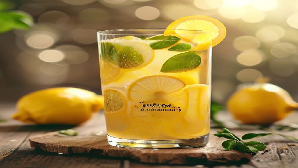 swaltrecipes 10 A glass of ginger lemon detox drink with fresh lemon slices and ginger coins.