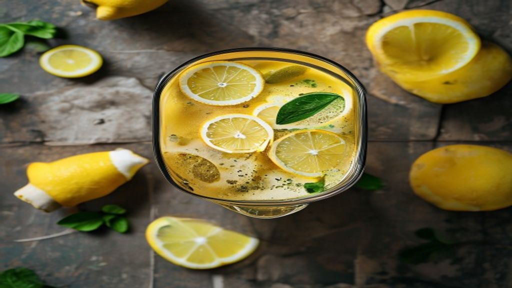 Fresh ginger lemon detox drink Top-down view of a glass filled with water, lemon slices, and fresh ginger.