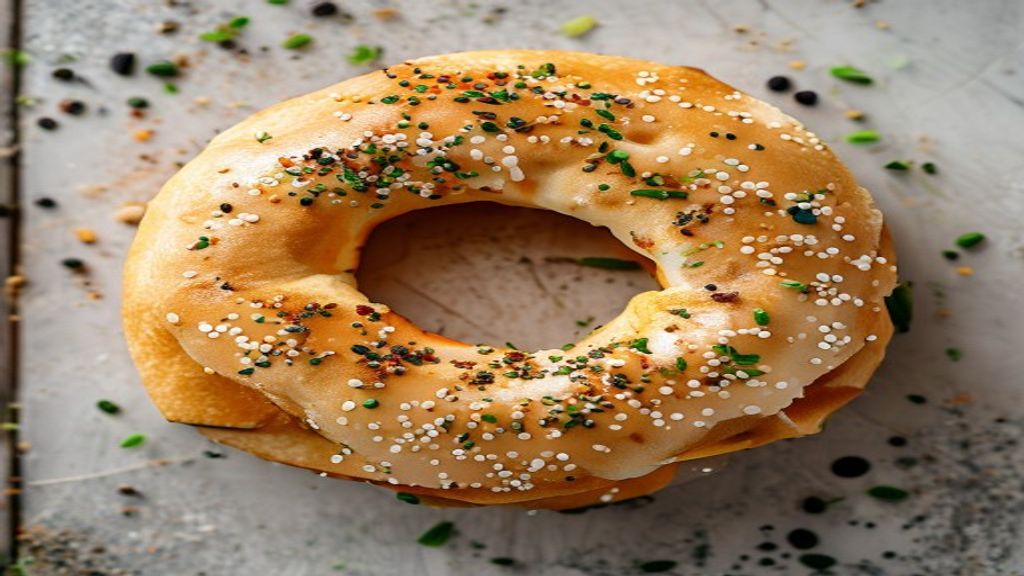 Everything Bagel Seasoning Close Up Close up of homemade everything bagel seasoning sprinkled on a cream cheese bagel.