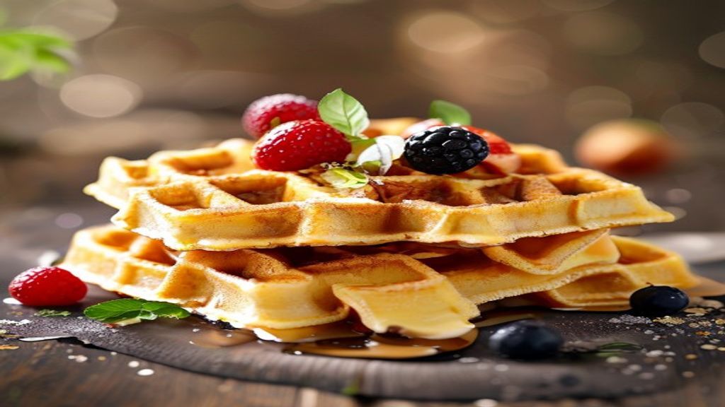 swaltrecipes 8 A stack of healthy waffles recipe for kids topped with fresh berries.