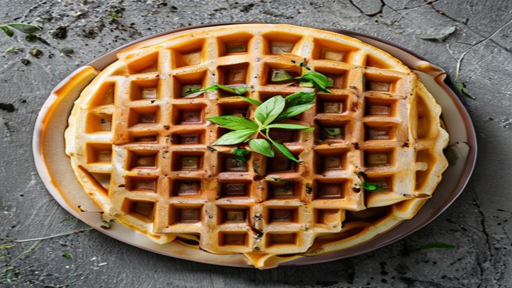 Golden Brown Healthy Waffles Top down view of golden brown healthy waffles on a ceramic plate.