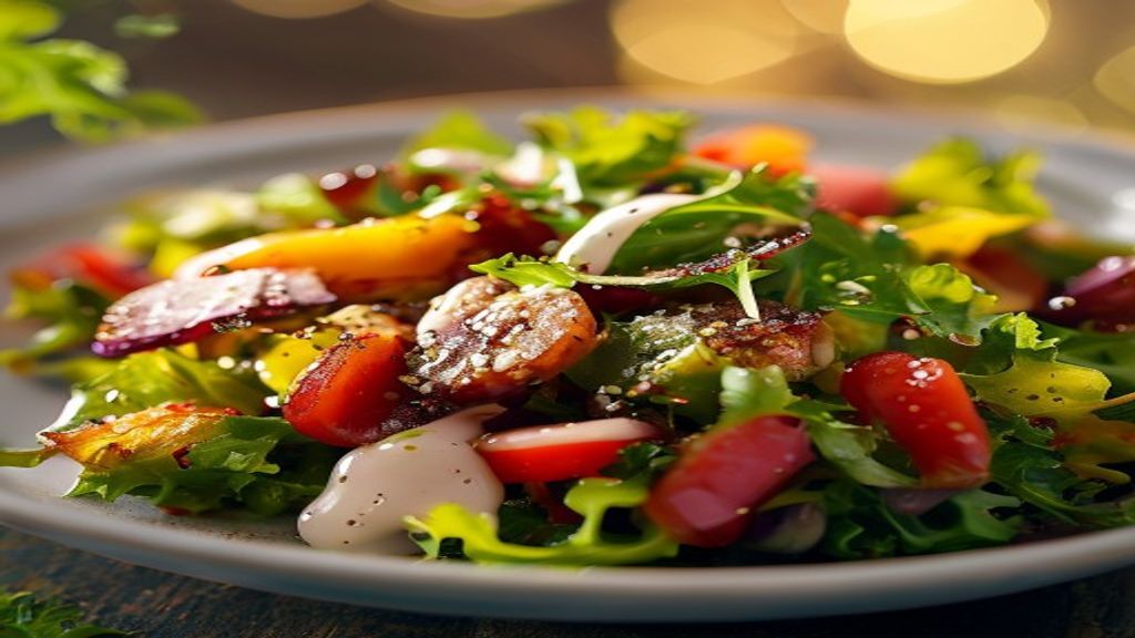 swaltrecipes 7 Top-down view of a colorful salad tossed in a creamy, emulsified vinaigrette.