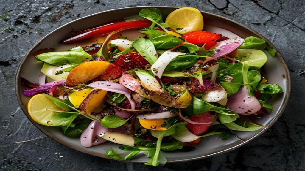 Fresh Salad with Sugar-Free Vinaigrette Top-down view of a colorful salad tossed in a creamy, emulsified vinaigrette.