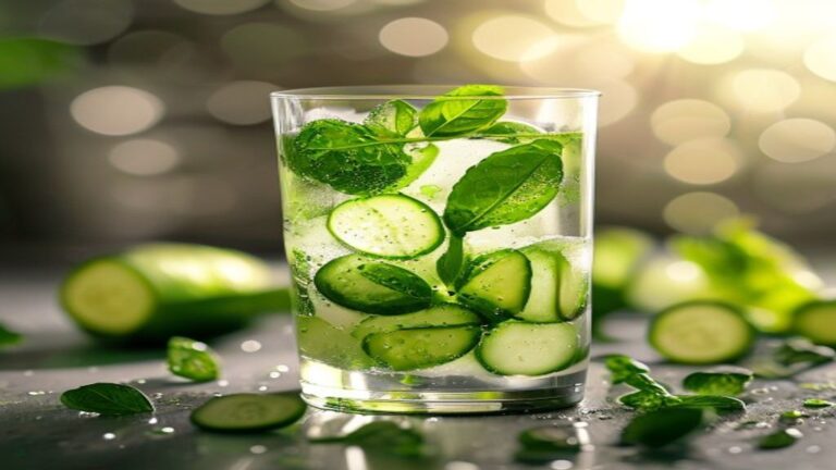 Refreshing cucumber mint detox water in a glass pitcher with ice.