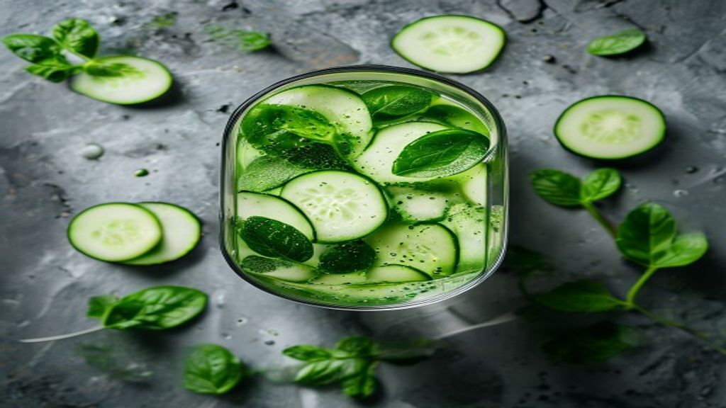 Cucumber and Mint Infused Water Close up of cucumber slices and bruised mint leaves in clear water.