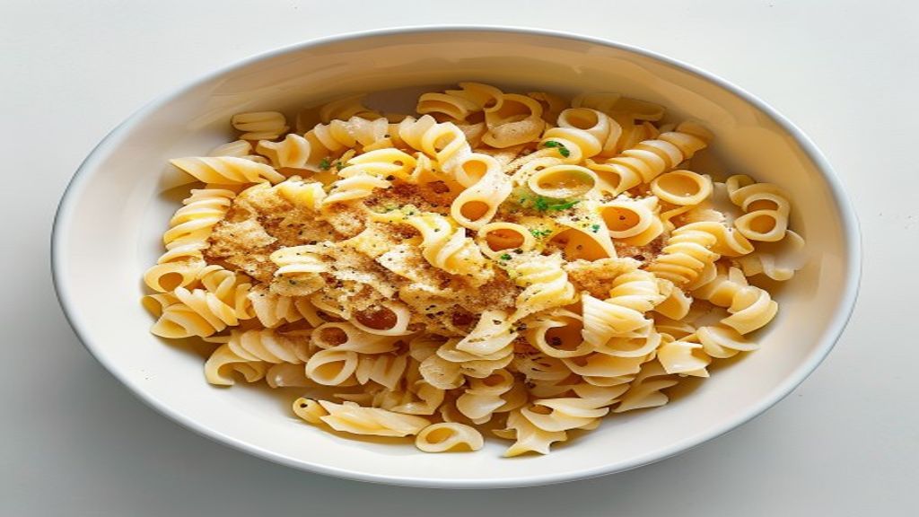 Creamy cheesy pasta for kids Top-down view of creamy cheesy pasta in a bowl.