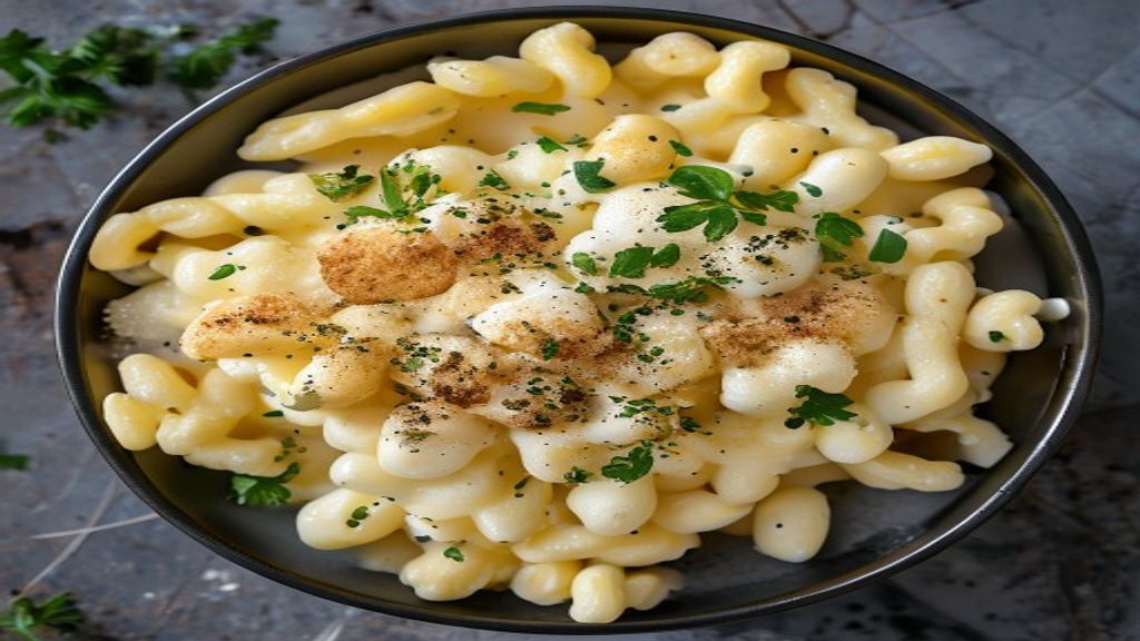Close up of homemade macaroni and cheese Close up of a fork pulling a scoop of creamy stovetop mac and cheese.