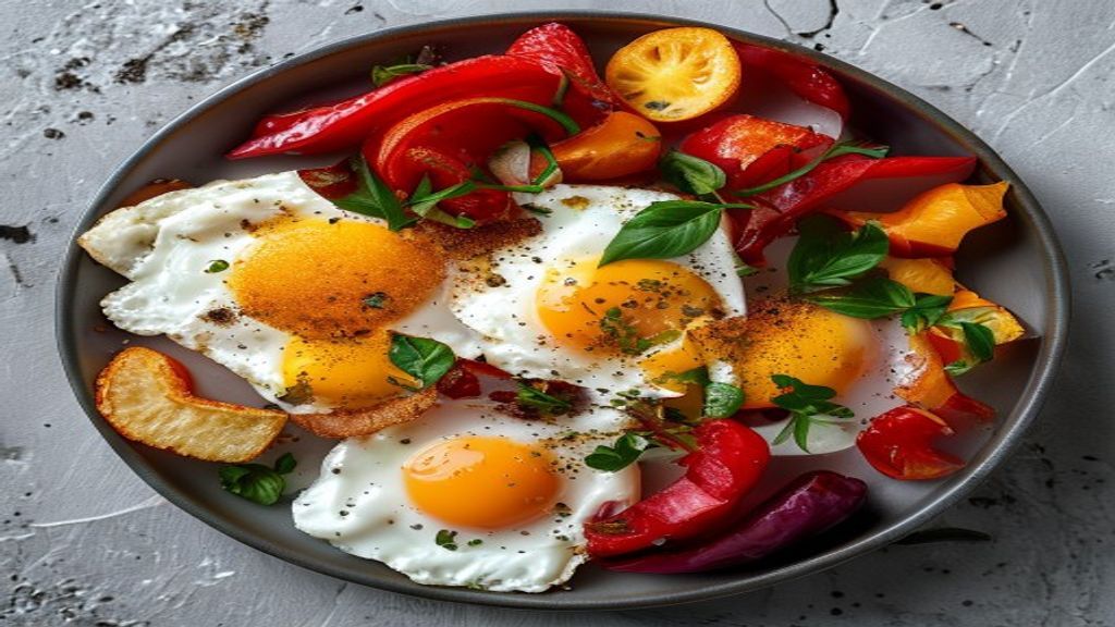 Baked Egg and Pepper Breakfast Top-down view of baked egg and pepper breakfast dish.