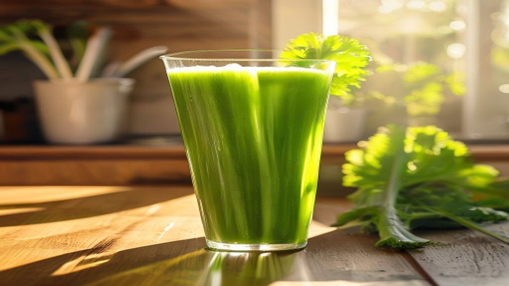 swaltrecipes 7 A glass of fresh celery juice made with a blender and nut milk bag.