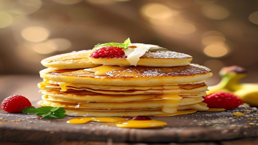 swaltrecipes 8 A stack of golden brown kid friendly banana pancakes on a white plate.