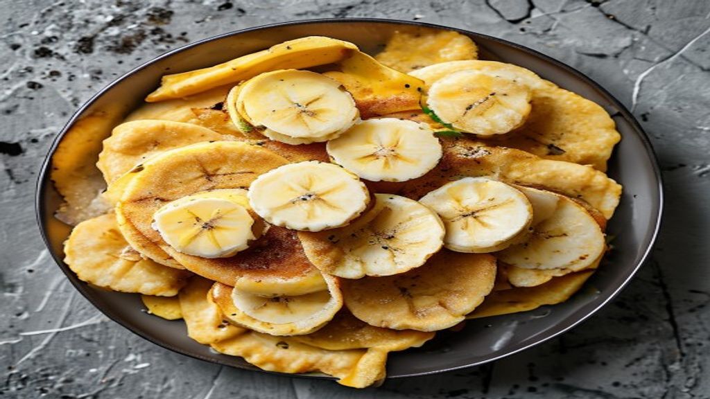 Close up of a fluffy banana pancake showing the cooked texture.