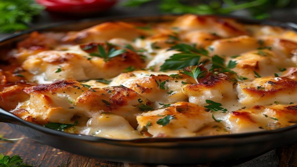 swaltrecipes 7 A golden-brown diabetic friendly casserole recipe chicken served in a ceramic dish.