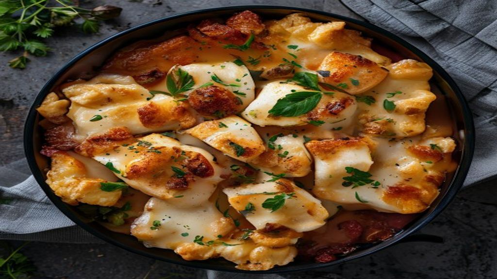 Close up of a portion of chicken and cauliflower casserole on a white plate.