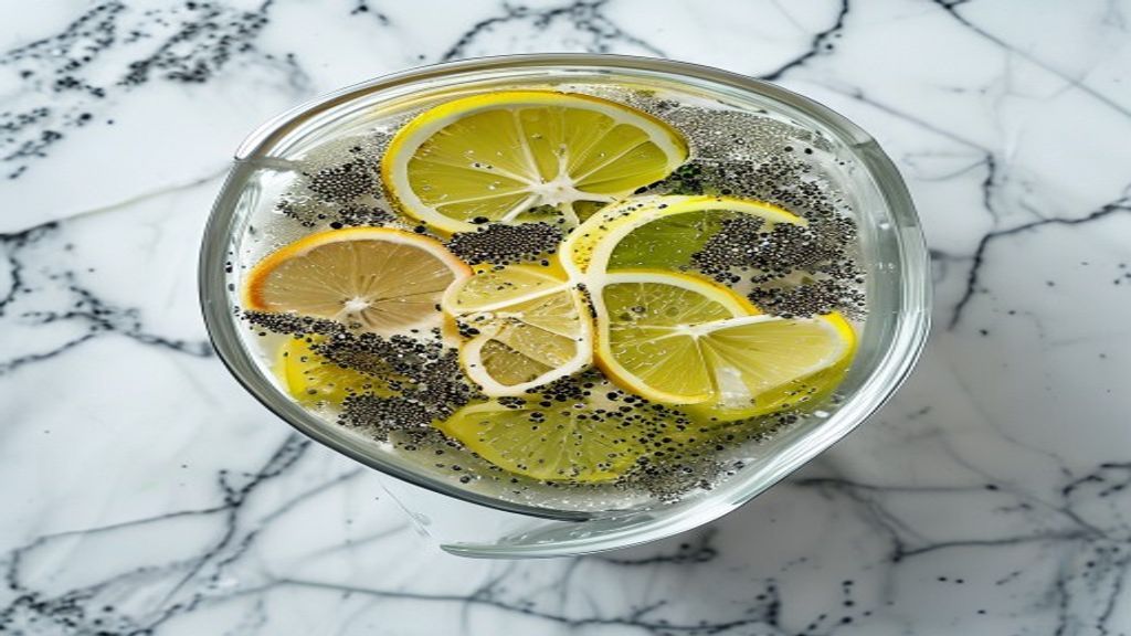 Close up of the texture of a chia seed drink with lemon and ginger.
