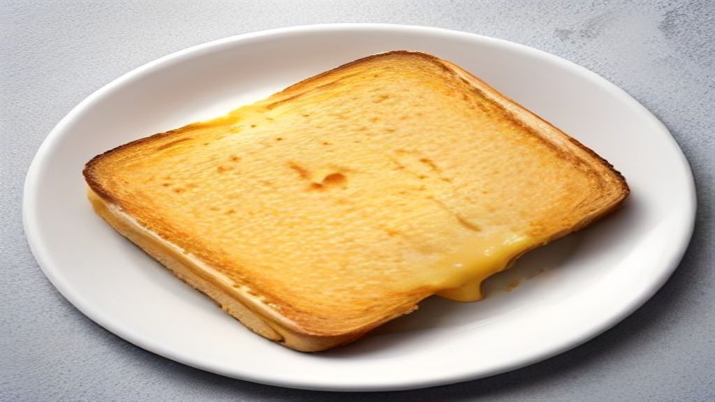 Plated kid friendly grilled cheese Top-down view of a golden grilled cheese sandwich cut into triangles.